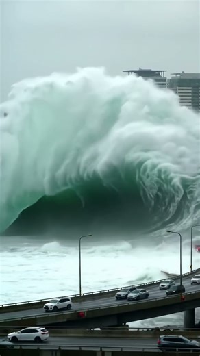 Massive storm wave dwarfs a city highway. #bigwave