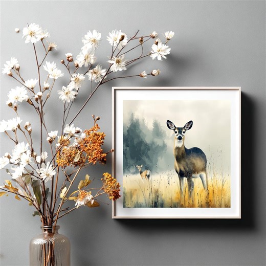 Wild Deer Field Art Print, Rustic Nature Landscape Digital Download - Etsy