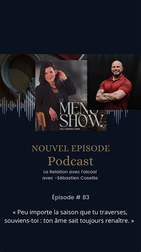 Claudine Pepin on Instagram: "🎙️ NOUVEL ÉPISODE #83 — LE MÉNOSHOW Aujourd’hui, j’ouvre une conversation nécessaire. Une conversation qu’on évite souvent… mais que le corps des femmes, lui, n’évite plus. 🍷 L’alcool. Sa place dans notre société. Son impact réel sur le corps des femmes. Et ce que la pré-ménopause vient réveiller. Dans cet épisode, je reçois Sébastien Cosette @resilientgentleman pour une discussion vraie, respectueuse et sans jugement. On parle de : – pression sociale – normalisat