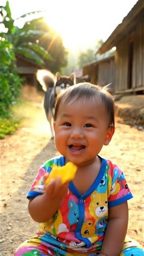 Cute Baby Giggles as Playful Dog Runs by – Village Baby Video