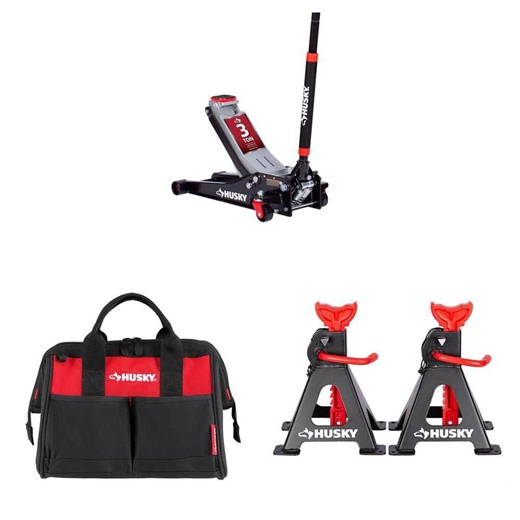 Husky 3-Ton Low Profile Quick Lift Floor Jack, 3 Ton Jack Stands and 12 in 4 Pocket Zippered Tool Bag Combo - The Home Depot