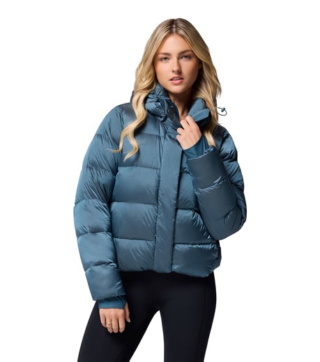 Womens Amaze Puff Hooded Down Jacket Everblue High Shine