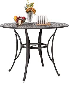PHI VILLA Cast Aluminum Round High Bar Dining Tables for 6 Person, 54" Dia Engraved Cast-Top Aluminum Table with 2.1" Umbrella Hole, Patio Bar Height Table for Lawn Garden