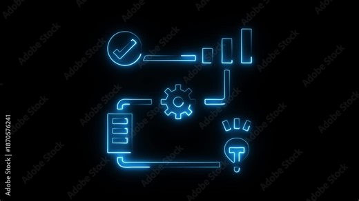 Neon blue glowing business process flowchart with gear cog bar chart and checklist on dark background for corporate