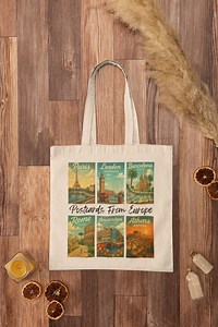 Postcards From Europe Tote Bag Vintage Travel Canvas Market Carryall - Etsy