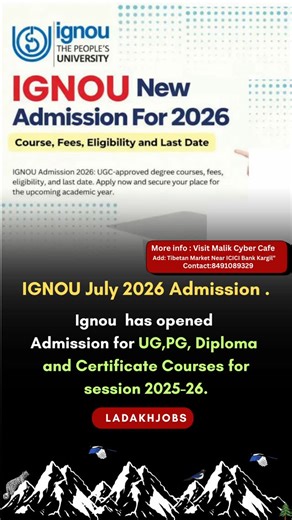 Ladakh Jobs | 🎓 IGNOU JULY 2026 ADMISSION OPEN 🎓 📍 Indira Gandhi National Open University (IGNOU) 📚 Online & ODL Courses Available! 👉 UG / PG / Diploma... | Instagram