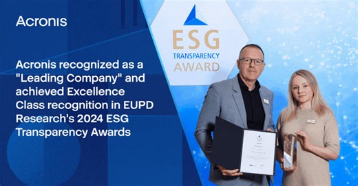 Acronis has been recognized as a "Leading Company" and achieved the Excellence Class in the prestigious ESG Transparency Awards 2024 by EUPD Research. This honor highlights our commitment to embedding forward-looking sustainability concepts into our strategy and transparently sharing our efforts through our ESG report. A huge thank you to EUPD Group for their important work in promoting sustainable business practices and for this incredible recognition. We are proud to be part of this initiative