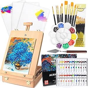 WOWOSS Tabletop Art Easel Box Set, 40PCS Painting Kit for Adult Artists & Beginners, Easel Stand with 24 Acrylic Paints, 3 Canvas Panels, Brushes, for Indoor & Outdoor Use, Painting & Sketching