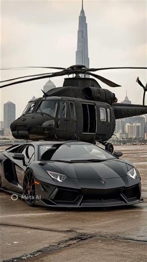 A beautiful Dubai view with the Black helicopter & black Lamborghini #aivideo#halicopter #viral