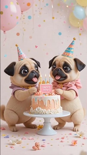 Two cute pug puppies are dancing a birthday dance.