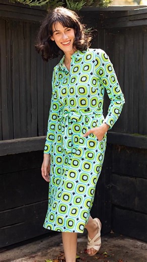 Our Delia shirtdress blends soft, stretchy cotton jersey with a captivating geometric print, making it as eye-catching as it is comfortable. It’s the ultimate in stylish, practical wear for the modern woman on the move. | lesley evers