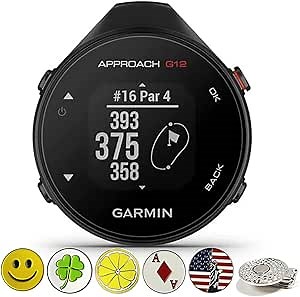 Garmin Approach G12, Clip-on Golf GPS Handheld Rangefinder, 42,000+ preloaded Courses Bundle with 5 Ball Markers & 1 Magnet Hat Clip