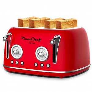 4 Slice Retro Style Toaster, Dual Control Toaster with Warming Rack, 6 Browning Settings, Bagel/Defrost Functions, Removable Crumb Tray, Stainless Steel Housing 1650W, Red