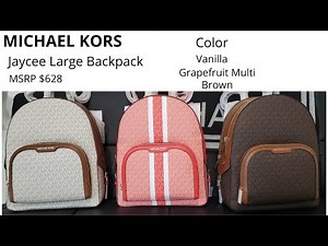 MICHAEL KORS Large Jaycee Backpack in color Grapefruit multi, brown, & Vanilla #unboxing