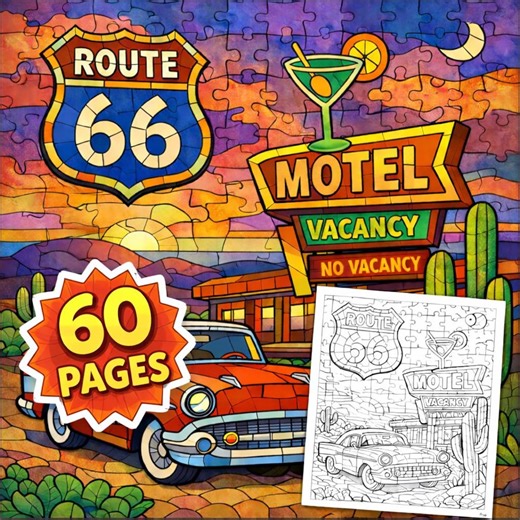Route 66 Printable Coloring Pages | Vintage Road Trip | Retro Car Motel Desert | Instant Download - Etsy