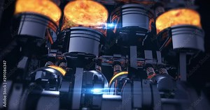 Rotating V8 Engine 3D Animation With Explosions. Pistons And Other Mechanical Parts Are In Motion.