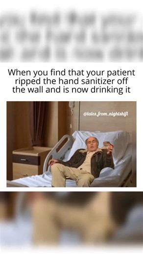 tales_from_nightshift on Instagram: "My guy, what are you doing? Follow ➡️ @tales_from_nightshift #nurselife #nurseproblems #nursesbelike It’s easy to joke about the "forbidden juice," but in all seriousness, drinking hand sanitizer is a fast track to a medical emergency that’s way worse than whatever brought the patient to the hospital in the first place. ​The Chemical Cocktail ​Most hospital-grade sanitizers are roughly 60% to 90% ethanol or isopropyl alcohol. To put that in perspective, that’