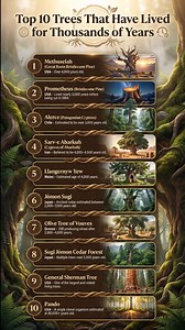 Top 10 Trees That Have Lived for Thousands of Years Some trees have witnessed the rise and fall of civilizations. These ancient giants are among the oldest living organisms on Earth, surviving for millennia 👇 1️⃣ Methuselah (Great Basin Bristlecone Pine, USA) – Over 4,800 years old 2️⃣ Prometheus (Bristlecone Pine, USA) – Lived nearly 5,000 years before being cut in 1964 3️⃣ Alerce (Patagonian Cypress, Chile) – Estimated to be over 3,600 years old 4️⃣ Sarv-e Abarkuh (Cypress of Abarkuh, Iran) –