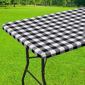 Smiry Rectangle Picnic Table Cloth, Elastic Waterproof Fitted Vinyl Tablecloths, Flannel Backed Buffalo Plaid Table Covers for Dining, Camping, Outdoor (Black and White, 36" x 60")