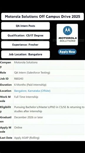 Motorola QA Internship 2025 | Paid Internship Bangalore | Salesforce QA | Tamil #InternshipJobs