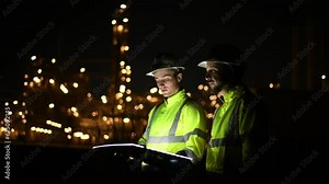 Engineer survey team wear uniform and helmet stand workplace checking blueprint project and radio communication inspection work construction site with night lights oil refinery background.