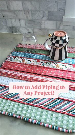 Allyson on Instagram: "Have you wanted to add piping to a project but weren't sure how? Here I walk you through the simple steps of adding piping to any project to give it that elevated look! I needed a new dish drying mat for Christmas and thought that some added piping would add the perfect touch. What projects are you excited to add piping to? Thank you to @connectingthreads for providing the fabric to make this project. #quilt #quilting #connectingthreads #dishdryingmat #Christmas #gingerbre