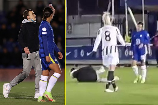 support Chelsea star Sam Kerr cheered by fans after humiliating pitch invader with shoulder barge during Women’s Champions League clash – but Blues ace is given yellow card