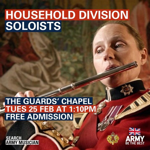 Our next Guards Chapel Recital features Flautist Colour Sergeant Rachel Smith (Coldstream Guards Band) Clarinettist Sergeant Alan Shellard (Honorable Artillery Company Band) and organist Martin Ford, Director of Music, The Guards Chapel 📅 Tuesday 25 February 2025 🕰️ 1.10pm 📌 The Royal Military Chapel - The Guards' Chapel JS Bach Trio Sonata in G major, Saint-Saëns Tarentelle, Jehan Alain Trois Mouvements, Denis Bédard Melodia & Franz Doppler Andante These two leading wind soloists from the Ho