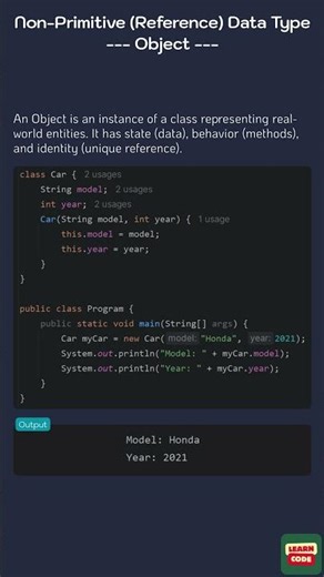 Non Primitive Reference Data Type – Object