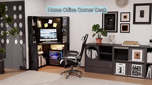 L-Shaped Corner Desk LED Light Computer Desk with Charging Station, Hutch, Storage Shelves & File Cabinet, Home Office Desk Workstation for Small Space, White