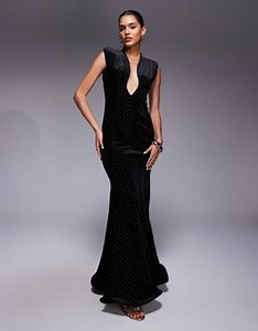 ASOS DESIGN Premium velvet moulded plunge fishtail maxi dress in black   | ASOS