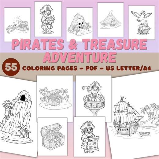 Pirate Coloring Pages for Kids, Treasure Hunt Adventure Coloring Book Printable PDF, 55 Pages US Letter A4 - Etsy