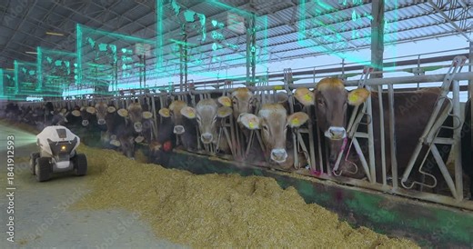 Smart dairy farm inside. Smart livestock farm concept. Artificial intelligence controls a large dairy farm. Futuristic cow farm concept. Monitoring Health and Managing of Livestock. Robots and drones