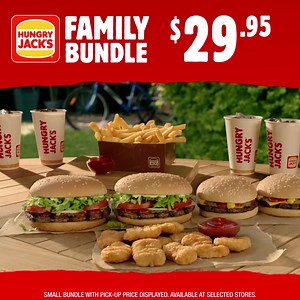 Dinner the whole family will love for $29.95! Whopper call. 😉👨‍👩‍👧‍👦 Tuck into our Family Bundle, with 2x Whoppers, 2x Cheeseburgers, 1x Chips Share Box, 10x Nuggets & 2x Sauces and 4x Drinks. 🍔 Pick-up and delivery prices may vary. Small Bundle option shown. | Hungry Jack's