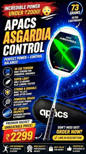APACS Asgardia Control Review 🔥 Best Badminton Racket Under ₹2299? | 73g Ultra Light #badminton