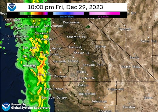 A high resolution computer model forecast shows the precipitation currently poised to our west pushing into central California this evening and spreading eastward through the overnight hours. | US National Weather Service Hanford California