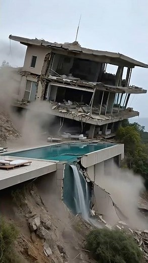 A villa with a large pool, on a hill collapsed as the ground gave way after an earthquake 🤯