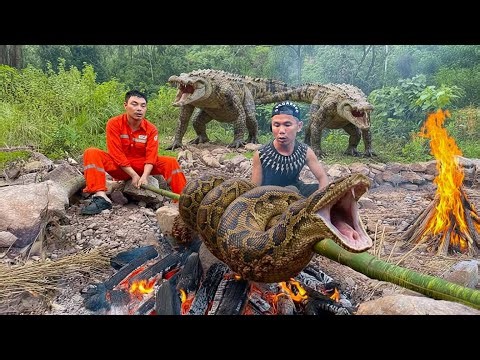 Time-Lapse: GIANT Python On Red Fire | Danger Behind The Two Men
