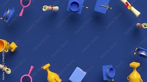 Random rotating graduation elements with copy space. Education, diploma award, degree ceremony concept. 3d render looped 4k animation. Stock Video