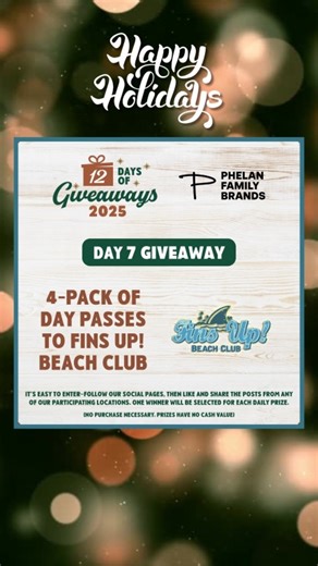 Pinchers on Instagram: "🌊 Day 7 is bringing the sunshine! Enter to win a 4-pack of day passes to Fins Up! Beach Club — poolside fun, island vibes, and endless relaxation. To enter: Follow + like + comment your favorite holiday movie. 🎄🍿 #12DaysofGiveaways #FinsUpBeachClub #HolidayVibes"