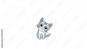 Sad cat. Cartoon character. Grey colour. Is sitting. Bows his head. Color picture. On a white background. Line drawing. Hand-drawn animation. Doodle video