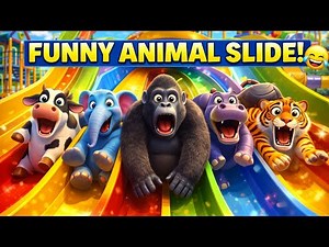Funny 3D Animals Long Slide Race! 🐘🐯 | Cow vs Elephant vs Gorilla vs Hippo | Animal Game