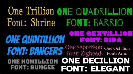 here we go! im making 0 to 1 decillion with sound Fakes: Googol, Centillion, Millinillion, Micrillion, Nanillion, Picillion, Vecillion, Hectillion, Killillion, Megillion, Gigillion, Boogol, Grahams Number, Tree(3), Sscg(3), Rayo's Number, Infinity, Omega, Absolute Infinity.