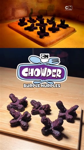 Sharmaine Siu on Instagram: "Burple Nurples from Chowder 🪻 Instead of snoriander I made Ube blondies! ingredients 150g flour 1/2 tsp baking powder 1/4 tsp salt 110g melted butter 100g light brown sugar 75g dark brown sugar 1 egg 2 tsp ube extract MORE RECIPES IN BIO🧄 What should I make next? #recipe #baking #animation #cartoon #cartoonnetwork"