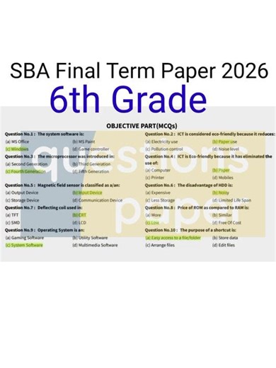 Class 6 Computer Paper School Based Assessment 2026 | SBA 3rd Term papers 6th Class | PEC Grade 6th