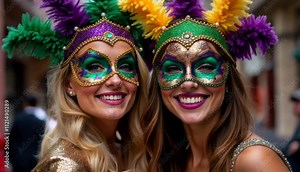 Two joyful women in colorful masquerade masks smiling during a festive street celebration