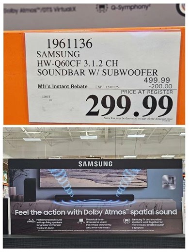 Samsung HW-Q60CF 3.1.2 CH Soundbar w/ Subwoofer is on sale at Costco for $299.99. Sale ends soon