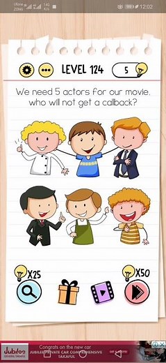 Brain test Level 124 we need 5 actors for our movie Walkthrough