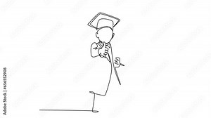 Animated self drawing of continuous line draw young happy little boy student wearing graduation hat and giving thumbs up gesture while holding graduation paper roll. Full length single line animation