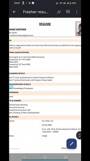 how to make freshers resume in 2 min with mobile phone